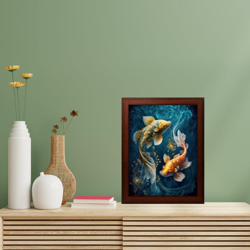 Vastu Fishes Painting Digital Reprint Trendy Fancy Room Home Office Wall Decoration With Brown Frame (10Inches X 13.5Inches) - Engineered Wood - Image 3