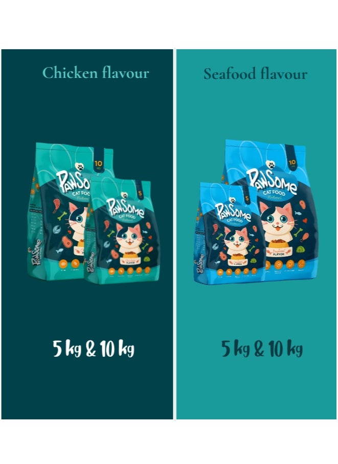 PAWSOME - Dry Cat Food - 10 kg Seafood Flavor, Natural Fiber, Taurine and Crunchy Texture - Image 1