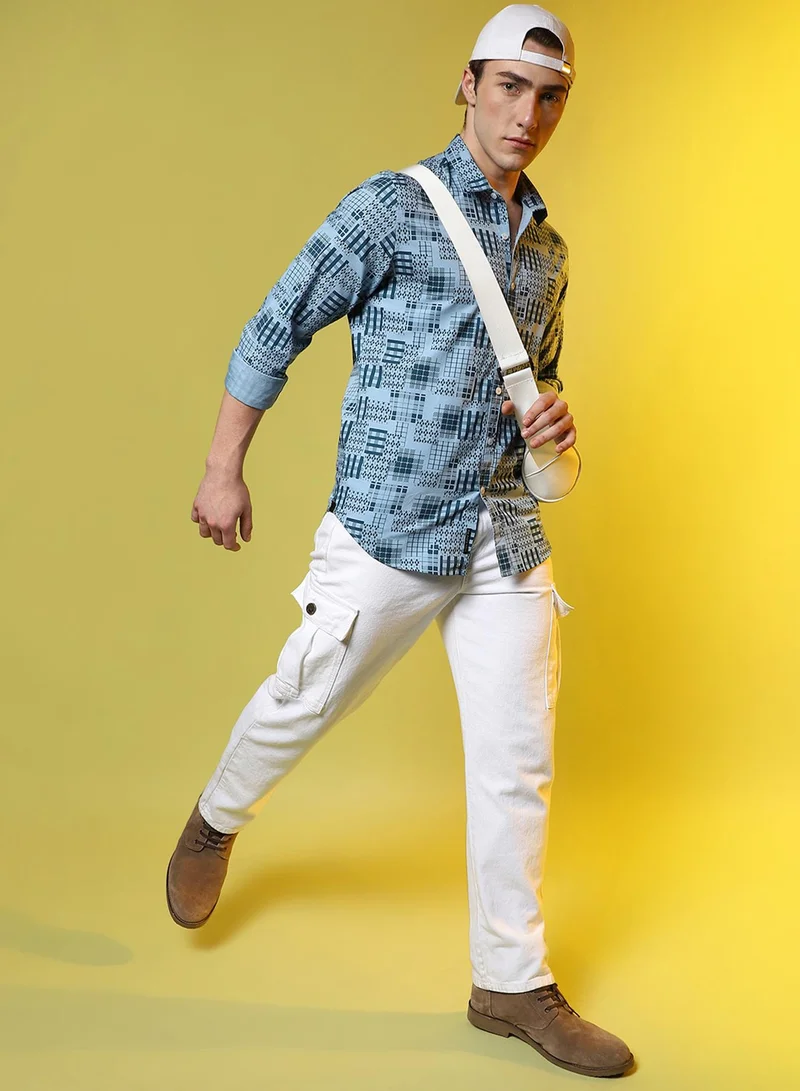 Campus Sutra Campus Sutra Men's Prussian Blue Arygle Checkered Block Shirt For Casual Wear | Spread Collar | Long Sleeve | Button Closure | Shirt Crafted With Comfort Fit For Casual Wear