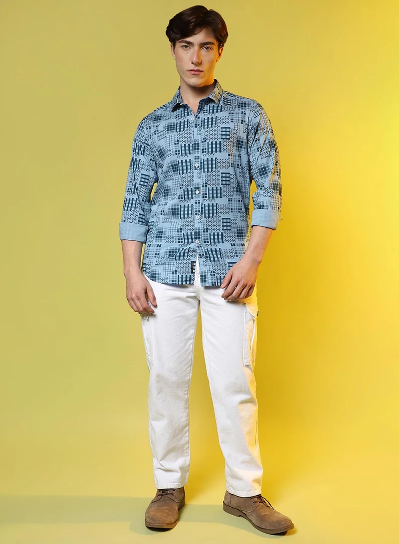 Campus Sutra Campus Sutra Men's Prussian Blue Arygle Checkered Block Shirt For Casual Wear | Spread Collar | Long Sleeve | Button Closure | Shirt Crafted With Comfort Fit For Casual Wear