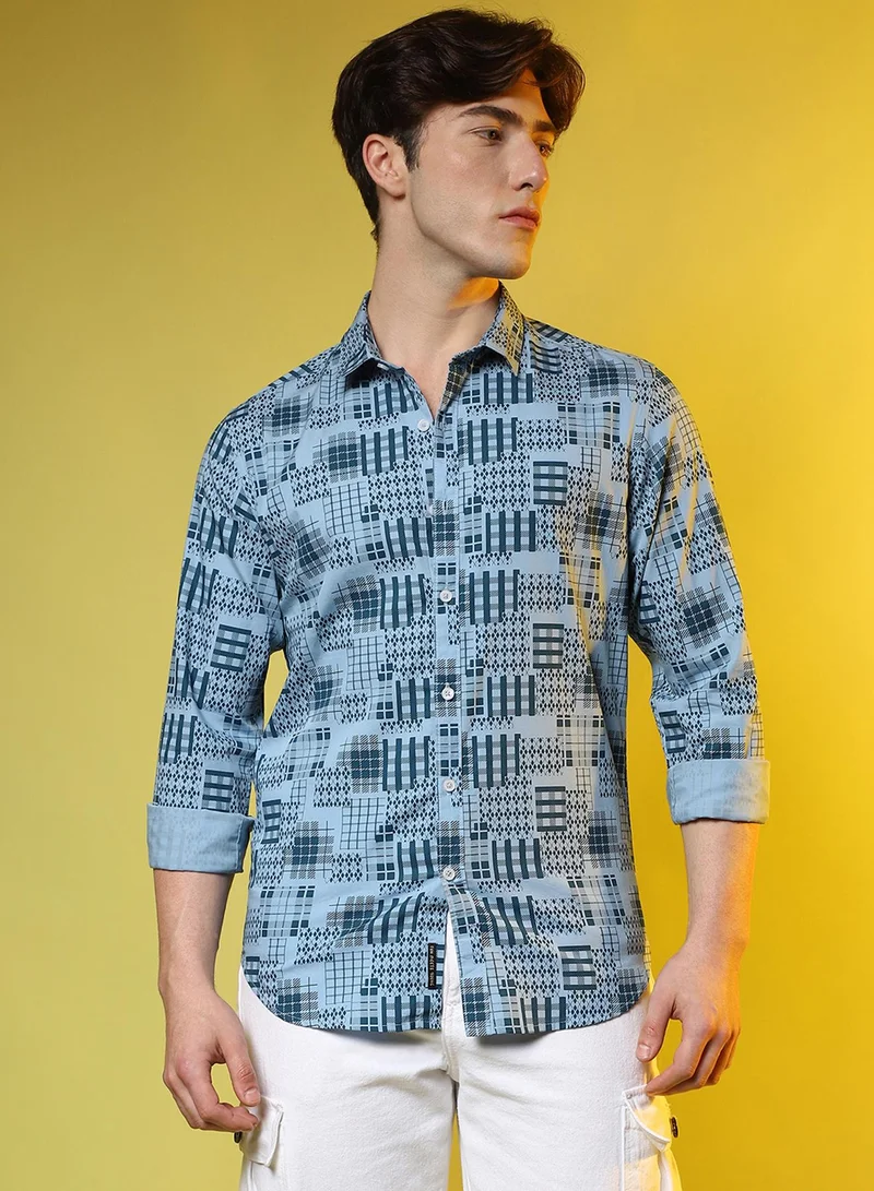 Campus Sutra Campus Sutra Men's Prussian Blue Arygle Checkered Block Shirt For Casual Wear | Spread Collar | Long Sleeve | Button Closure | Shirt Crafted With Comfort Fit For Casual Wear