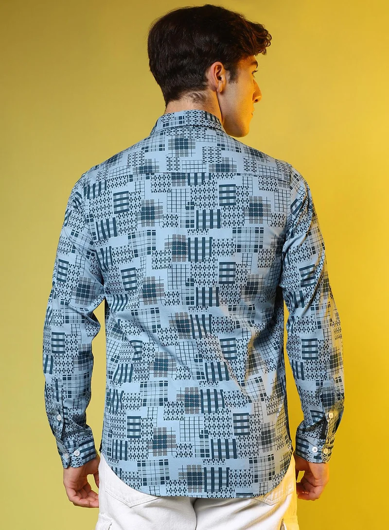 Campus Sutra Campus Sutra Men's Prussian Blue Arygle Checkered Block Shirt For Casual Wear | Spread Collar | Long Sleeve | Button Closure | Shirt Crafted With Comfort Fit For Casual Wear