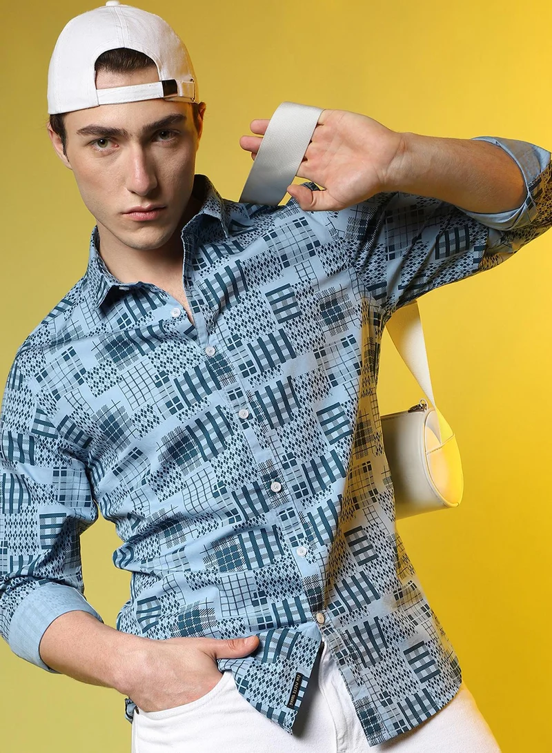 Campus Sutra Campus Sutra Men's Prussian Blue Arygle Checkered Block Shirt For Casual Wear | Spread Collar | Long Sleeve | Button Closure | Shirt Crafted With Comfort Fit For Casual Wear