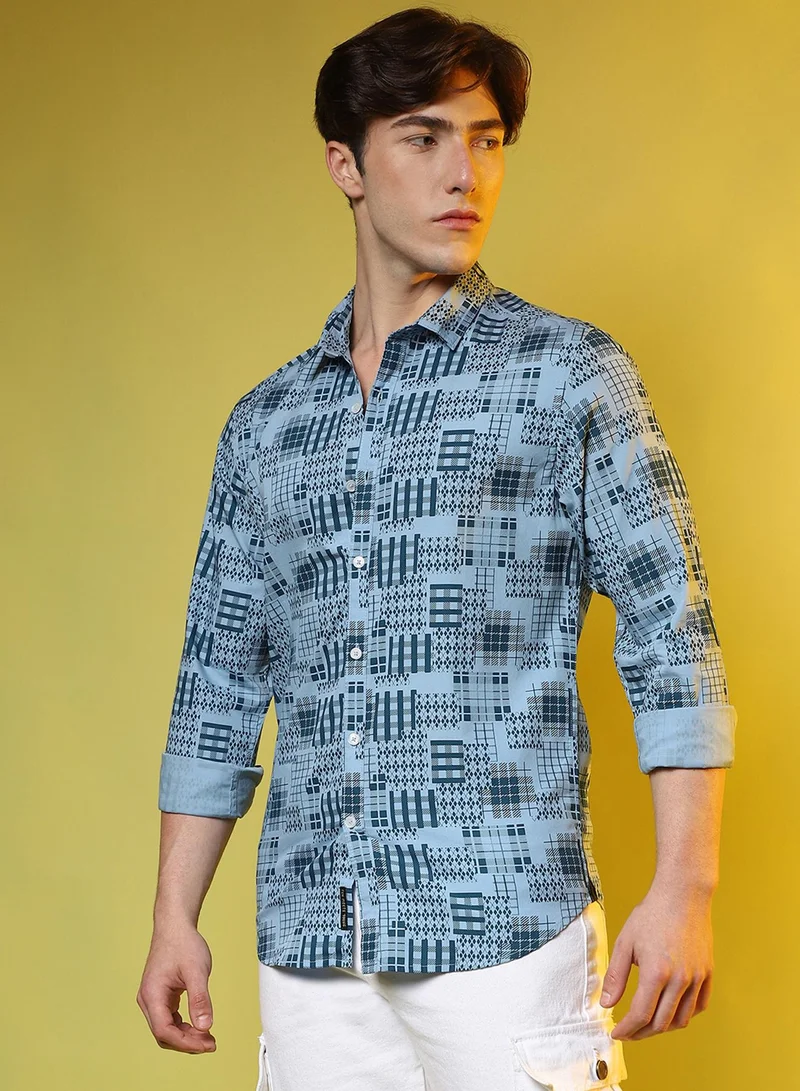 Campus Sutra Campus Sutra Men's Prussian Blue Arygle Checkered Block Shirt For Casual Wear | Spread Collar | Long Sleeve | Button Closure | Shirt Crafted With Comfort Fit For Casual Wear
