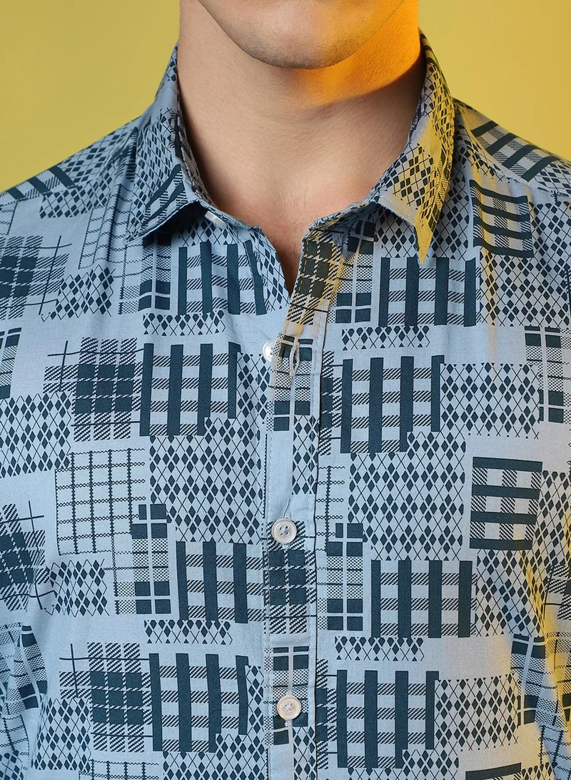 Campus Sutra Campus Sutra Men's Prussian Blue Arygle Checkered Block Shirt For Casual Wear | Spread Collar | Long Sleeve | Button Closure | Shirt Crafted With Comfort Fit For Casual Wear