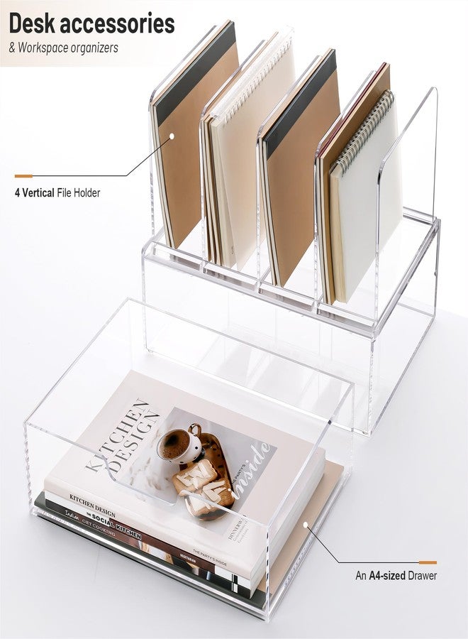 YUXUN Desk Organizer with Drawers, Acrylic File Organizer with 4 Vertical File Holders and 1 Sliding Drawer,Multifunction Desktop Accessories Storage for Home Office&School, Clear - Image 2