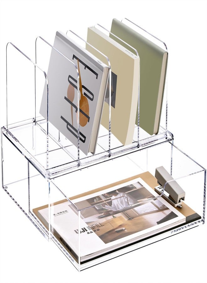 YUXUN Desk Organizer with Drawers, Acrylic File Organizer with 4 Vertical File Holders and 1 Sliding Drawer,Multifunction Desktop Accessories Storage for Home Office&School, Clear - Image 1