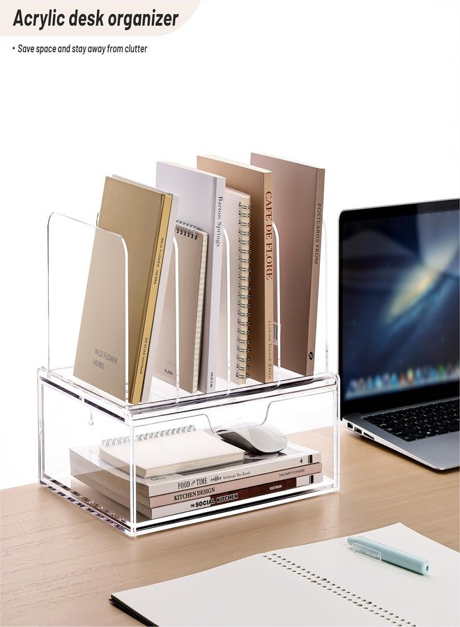 YUXUN Desk Organizer with Drawers, Acrylic File Organizer with 4 Vertical File Holders and 1 Sliding Drawer,Multifunction Desktop Accessories Storage for Home Office&School, Clear - Image 5