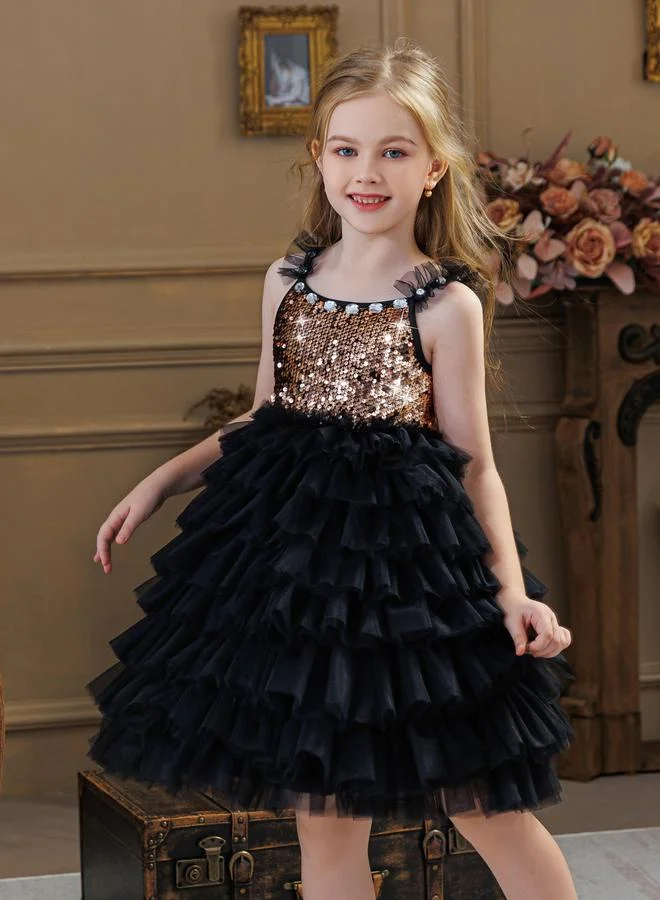 Take Two Girls Black Tulle Details Gold Sequin Embellished A-Line Midi Dress
