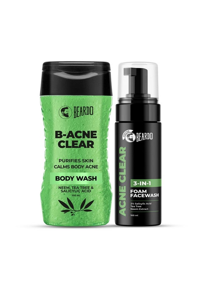 BEARDO Acne Clear Combo For Face & Body (Pack Of 2) | B-Acne Clear Body Wash 200Ml Deals With Body Acne & Acne Clear Foam Face Wash 100Ml For Acne Clear Face - Image 1