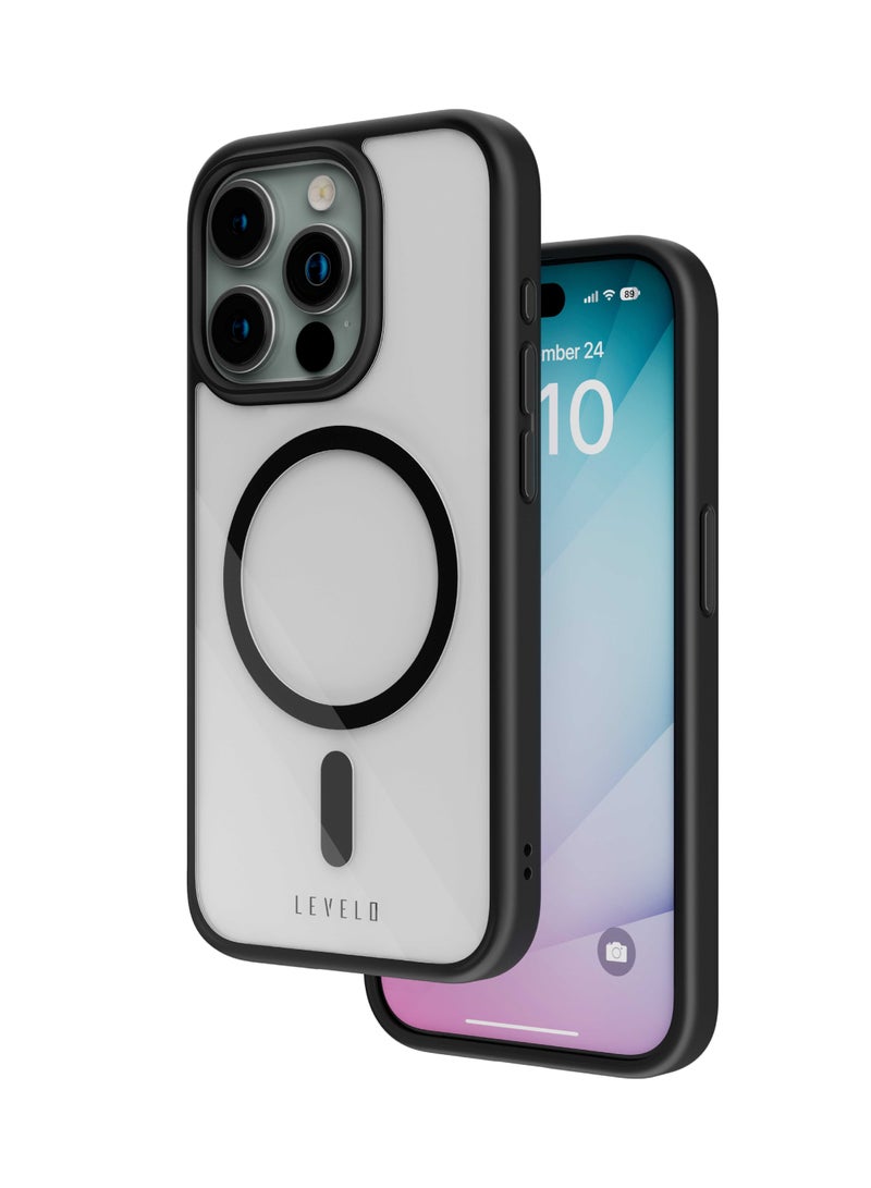 LEVELO iPhone 15 Case Solo Shock-Proof Edges MagSafe Clear Back Cover / High Transparency / 3H Anti Scratch / Shock-Proof Edges / Shock-Absorbent Protection / Reinforced Corners with Airguard - Grey - Image 1