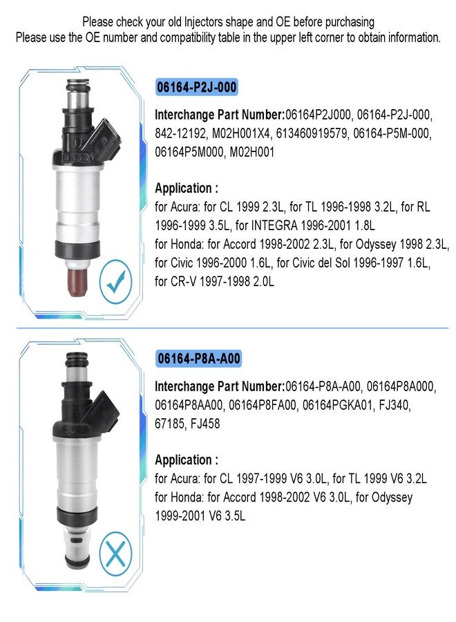Firemotoo Fuel Injectors Set Of 4 Compatible With Honda Civic 1996-2000 1.6L Accord 1998-2002 2.3L Cr-V 1998 2.0L Odyssey I4 06164-P2J-000 1 Holes - Image 2