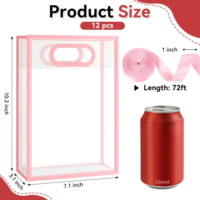 Ohuimrt 12 Pack Clear Plastic Gift Bags with Handles, Reusable Party Favor Bags with Ribbon for Birthday, Wedding, Bachelorette Party, 10.2 x 7.1 x 3.1 Inch (Pink) - Image 2