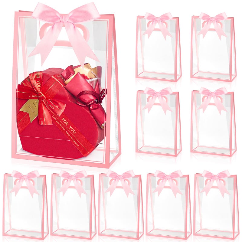 Ohuimrt 12 Pack Clear Plastic Gift Bags with Handles, Reusable Party Favor Bags with Ribbon for Birthday, Wedding, Bachelorette Party, 10.2 x 7.1 x 3.1 Inch (Pink) - Image 1