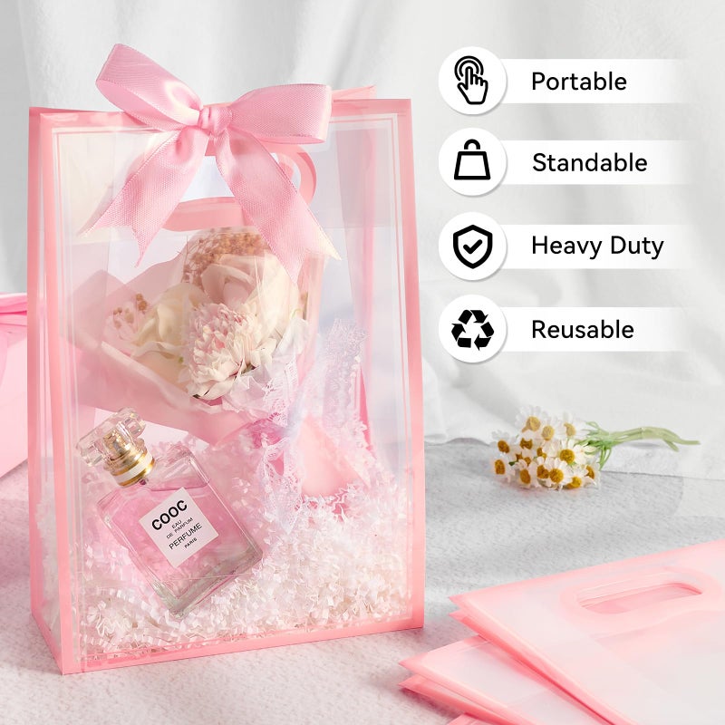 Ohuimrt 12 Pack Clear Plastic Gift Bags with Handles, Reusable Party Favor Bags with Ribbon for Birthday, Wedding, Bachelorette Party, 10.2 x 7.1 x 3.1 Inch (Pink) - Image 4