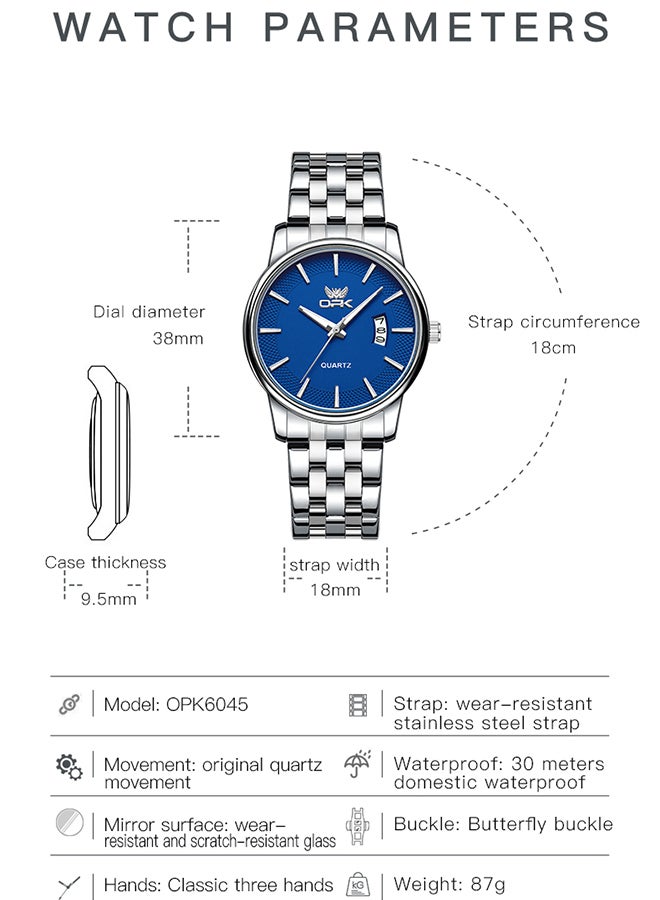 او بي كي ساعة كوارتز رجالية مضيئة مقاومة للماء بسوار من الفولاذ 6045، لون أزرق طبيعي. - Image 3