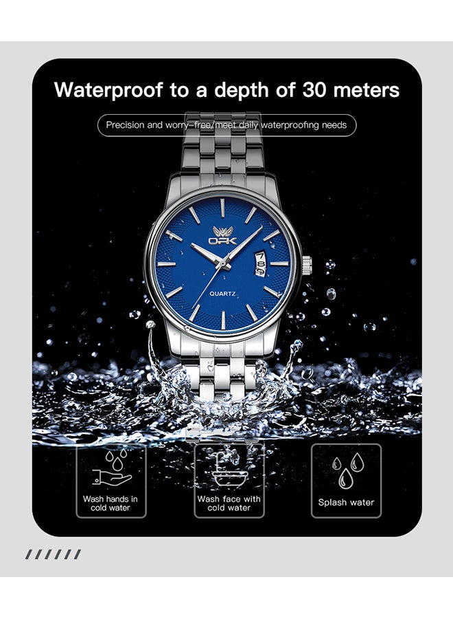 او بي كي ساعة كوارتز رجالية مضيئة مقاومة للماء بسوار من الفولاذ 6045، لون أزرق طبيعي. - Image 5