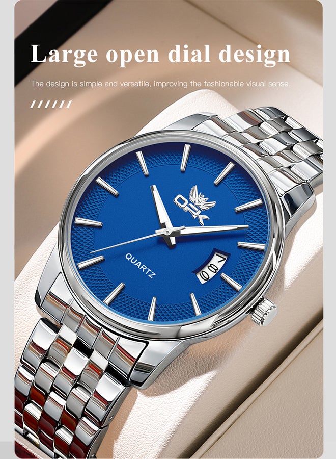 او بي كي ساعة كوارتز رجالية مضيئة مقاومة للماء بسوار من الفولاذ 6045، لون أزرق طبيعي. - Image 2