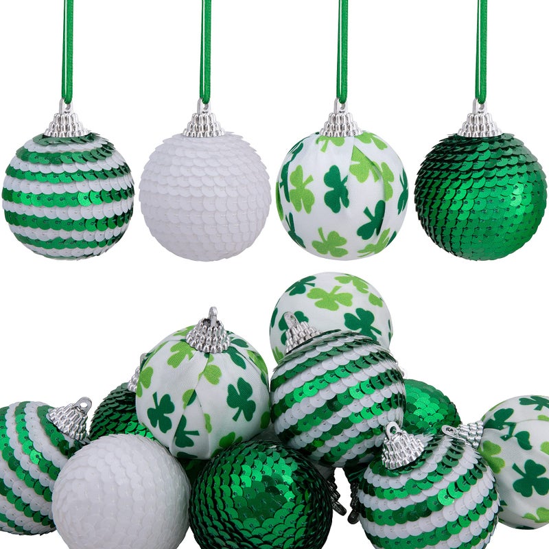 LFUTARI 12pcs St Patricks Day Sequin Hanging Balls - 1.96 Inch Irish Shatterproof Sequin Ball Ornament - White Green Clover Decor Hanging Ball for St. Patrick's Day Party Tree Decor - Image 1