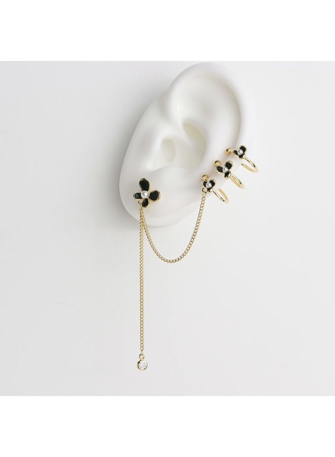 Sonateomber Butterflies Ear Cuff Long Gold Chain Pearl Dangle Drop Earrings for Women Teen Girls - Cute Black Butterfly Stud Piercing Crawler Illusion Small Triple Hoop Cartilage Wrap Earing Prom - Image 5