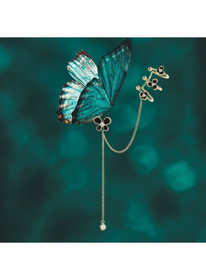 Sonateomber Butterflies Ear Cuff Long Gold Chain Pearl Dangle Drop Earrings for Women Teen Girls - Cute Black Butterfly Stud Piercing Crawler Illusion Small Triple Hoop Cartilage Wrap Earing Prom - Image 4