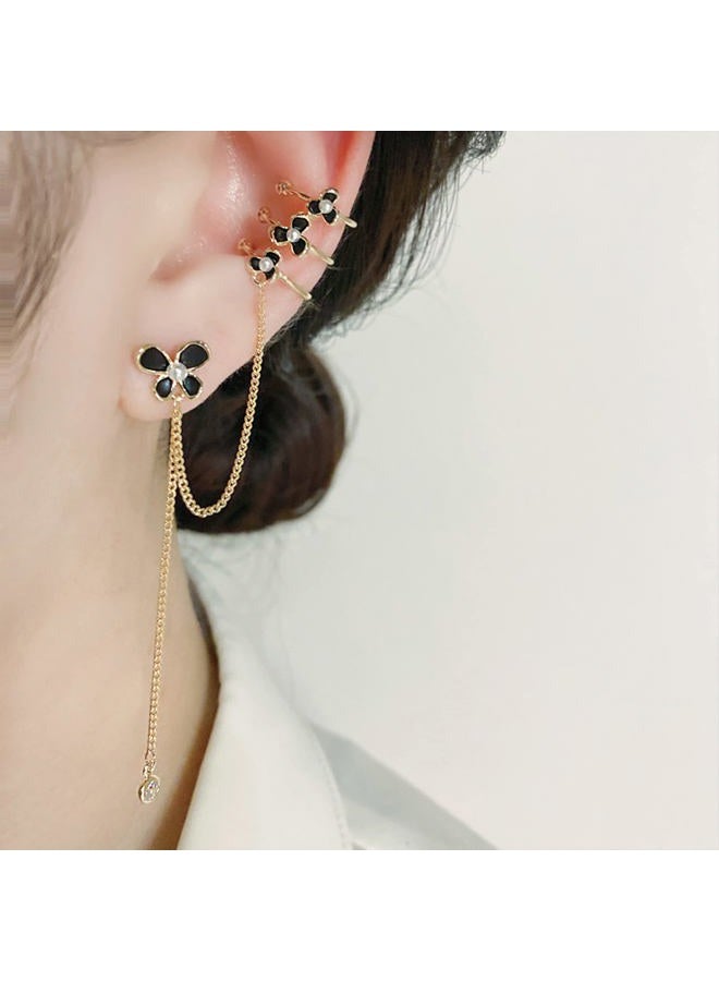 Sonateomber Butterflies Ear Cuff Long Gold Chain Pearl Dangle Drop Earrings for Women Teen Girls - Cute Black Butterfly Stud Piercing Crawler Illusion Small Triple Hoop Cartilage Wrap Earing Prom - Image 2