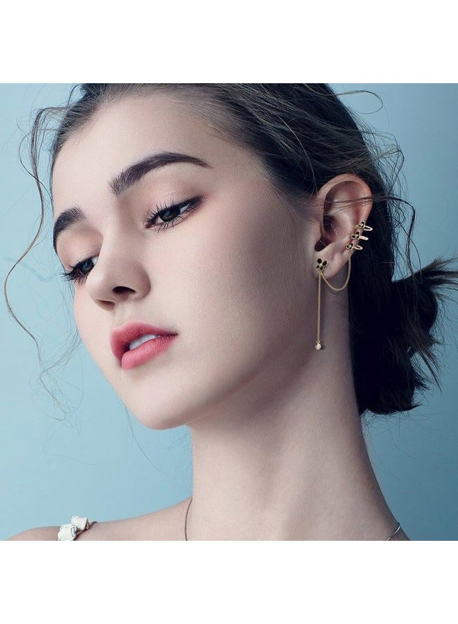 Sonateomber Butterflies Ear Cuff Long Gold Chain Pearl Dangle Drop Earrings for Women Teen Girls - Cute Black Butterfly Stud Piercing Crawler Illusion Small Triple Hoop Cartilage Wrap Earing Prom - Image 3