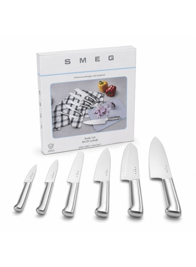 SMEG 6-piece stainless steel knife set with a luxurious Italian design, presented in a gift box. These sharp, versatile kitchen knives are perfect for chopping, mincing, and everyday preparation. - Image 1