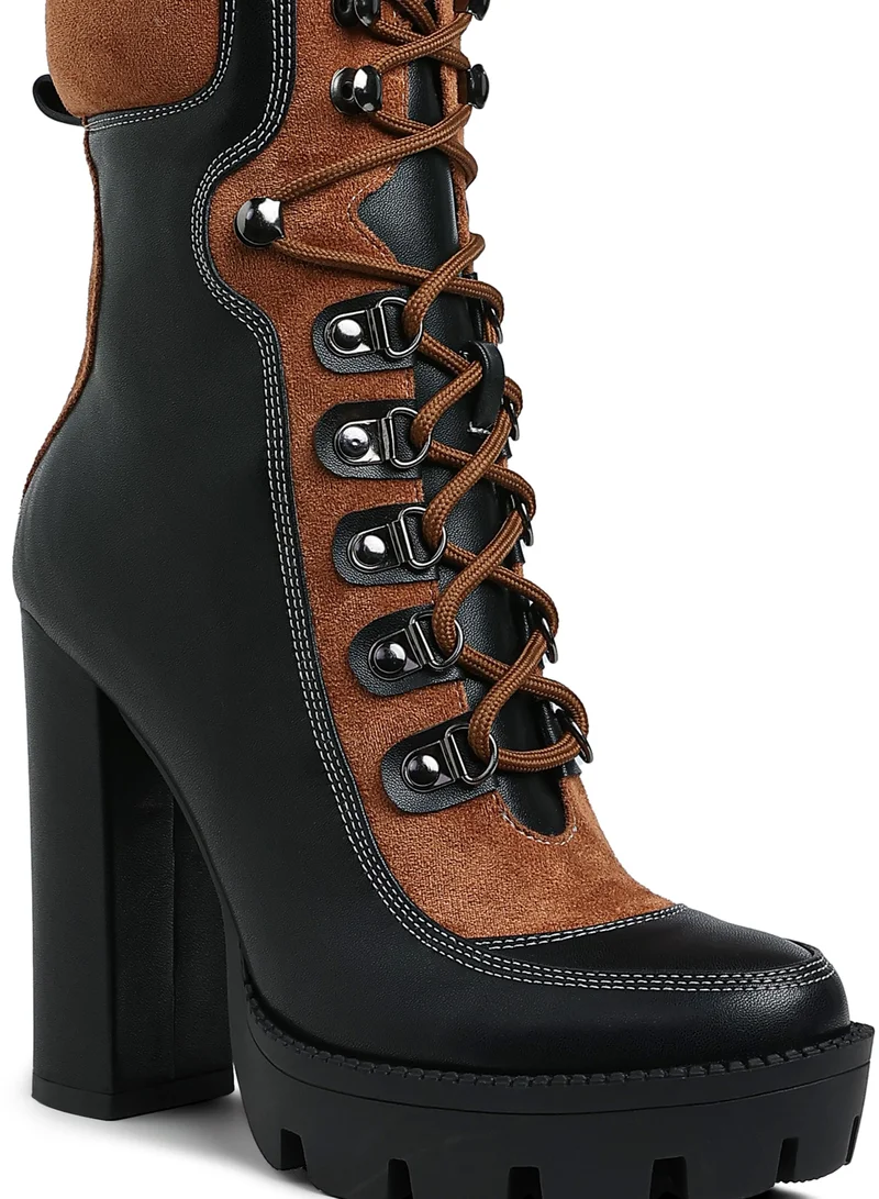 London Rag High Heel Lace-Up Biker Boot in Tan Black