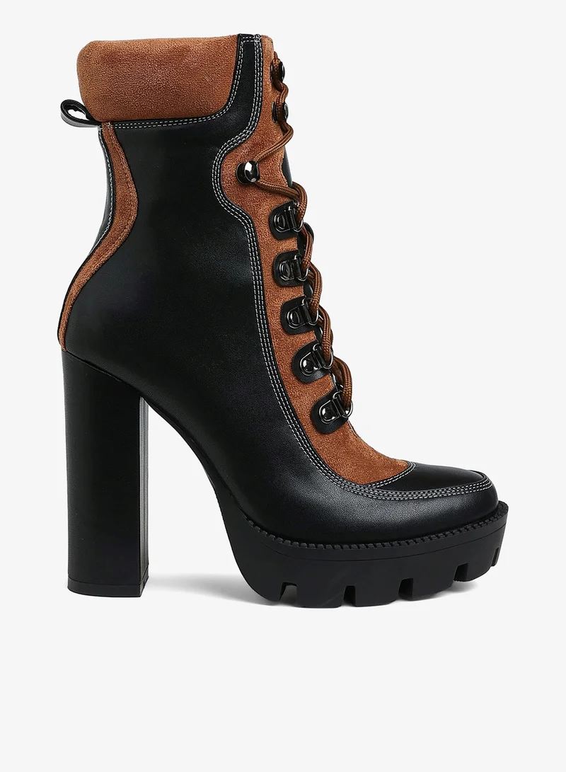 High Heel Lace-Up Biker Boot in Tan Black