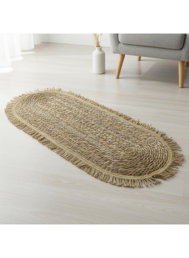 AKDC Oval Rattan Rug 35×100cm – Gold Fringed Border, Luxurious Home Décor Accent with Natural Rattan Weave - Image 1
