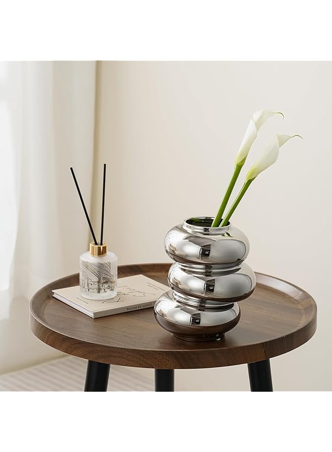 erorex Silver Ceramic Vase Donut Shape Modern Vase Decorative Vase For Aesthetic Room Decor Flower Vase For Living Room Bedroom Dining Table Office Desk Fireplace Shelf Decoration 1 Pcs - Image 3