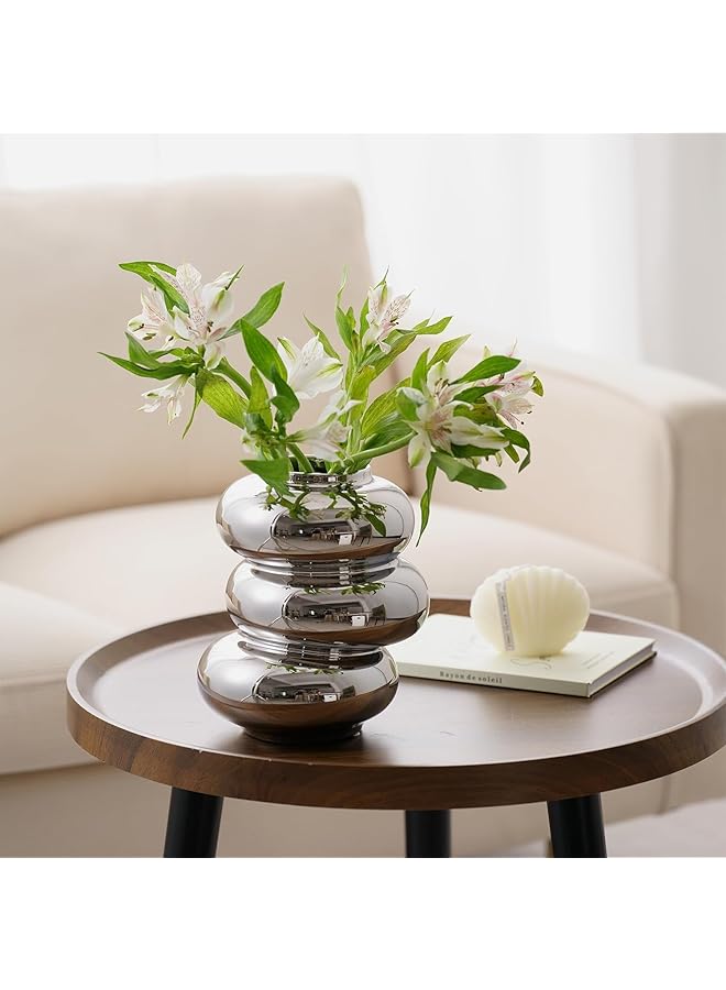 erorex Silver Ceramic Vase Donut Shape Modern Vase Decorative Vase For Aesthetic Room Decor Flower Vase For Living Room Bedroom Dining Table Office Desk Fireplace Shelf Decoration 1 Pcs - Image 2