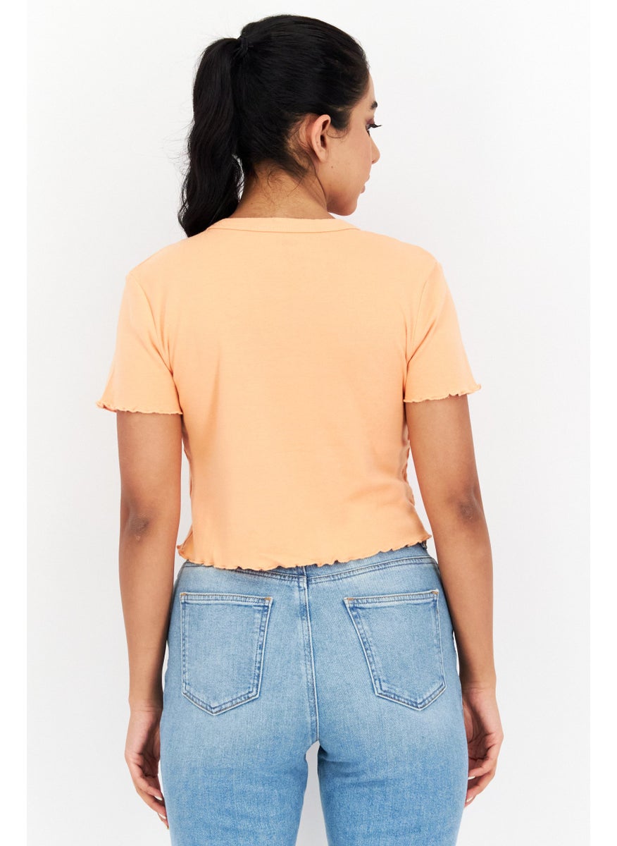OBEY Women Crew Neck Short Sleeves Printed Cropped Top, Dark Peach  - Image 4