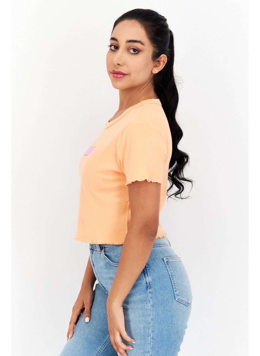 OBEY Women Crew Neck Short Sleeves Printed Cropped Top, Dark Peach  - Image 2