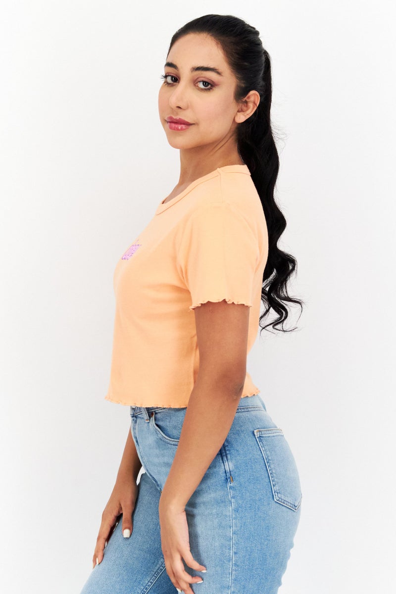 OBEY Women Crew Neck Short Sleeves Printed Cropped Top, Dark Peach - Image 2