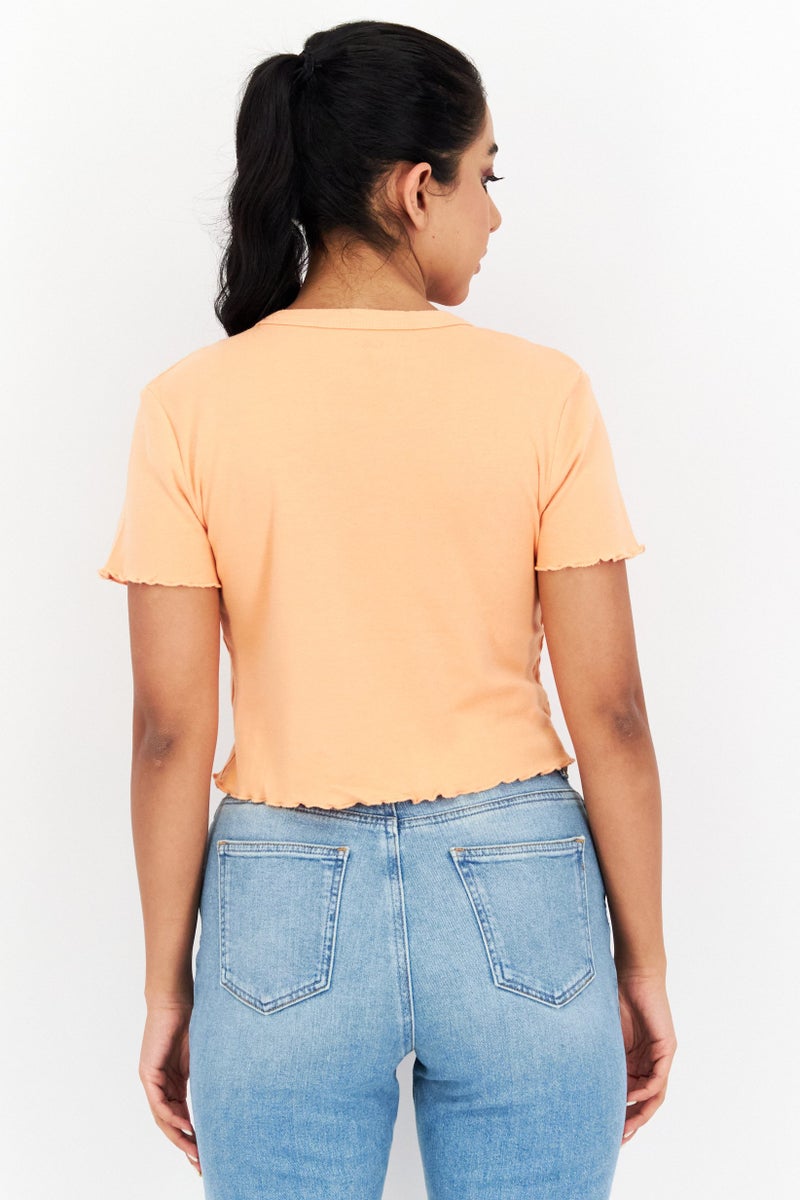 OBEY Women Crew Neck Short Sleeves Printed Cropped Top, Dark Peach - Image 4