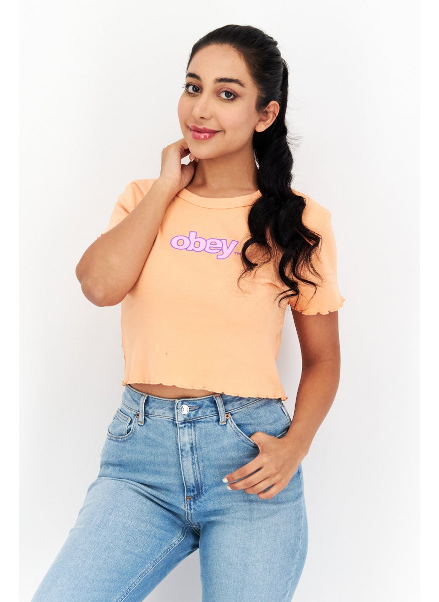 OBEY Women Crew Neck Short Sleeves Printed Cropped Top, Dark Peach  - Image 1