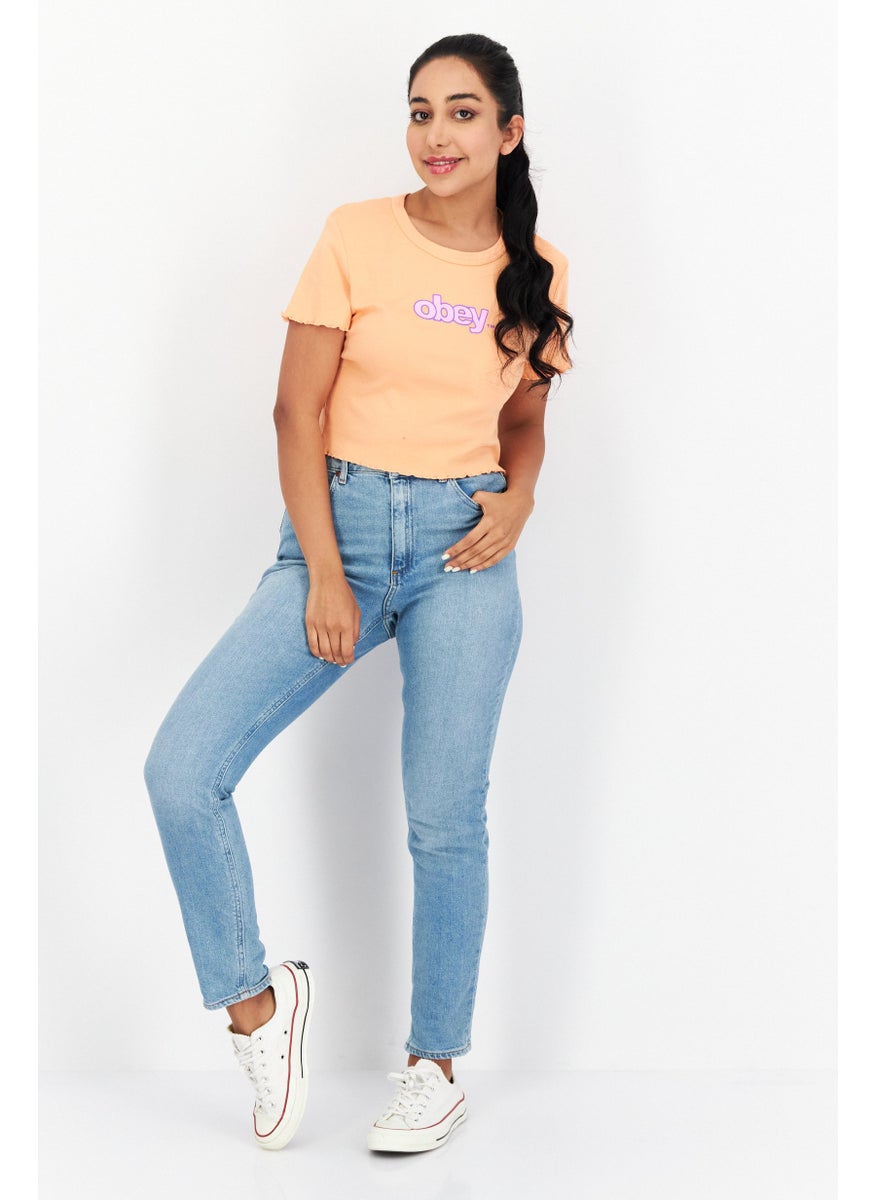 OBEY Women Crew Neck Short Sleeves Printed Cropped Top, Dark Peach  - Image 3