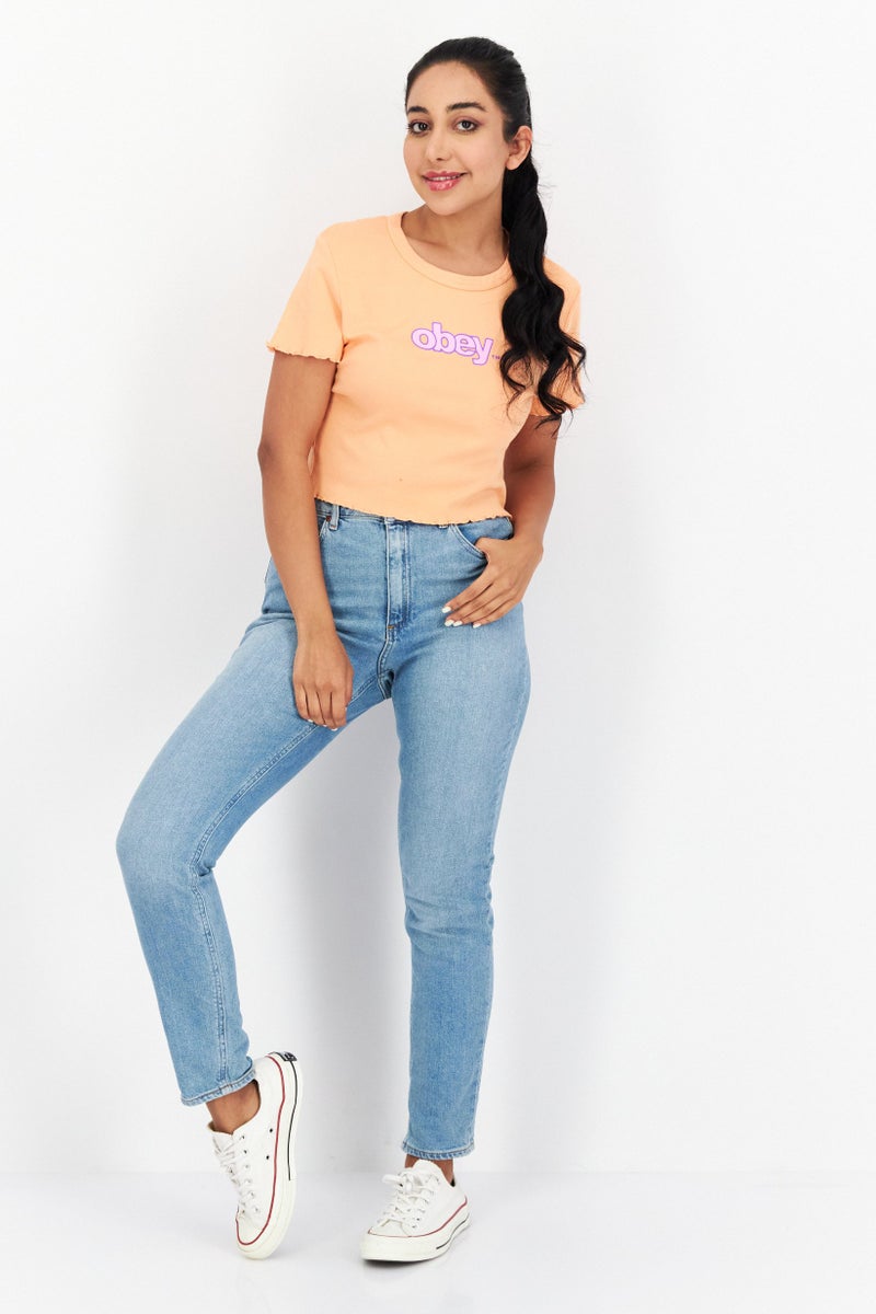 OBEY Women Crew Neck Short Sleeves Printed Cropped Top, Dark Peach - Image 3