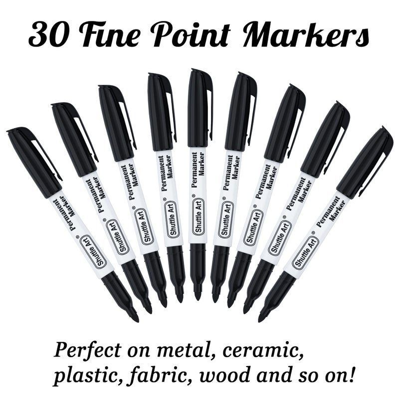Shuttle Art Permanent Markers, 30 Pack Black Permanent Marker set,Fine Point, Works on Plastic,Wood,Stone,Metal and Glass for Doodling, Marking - Image 2