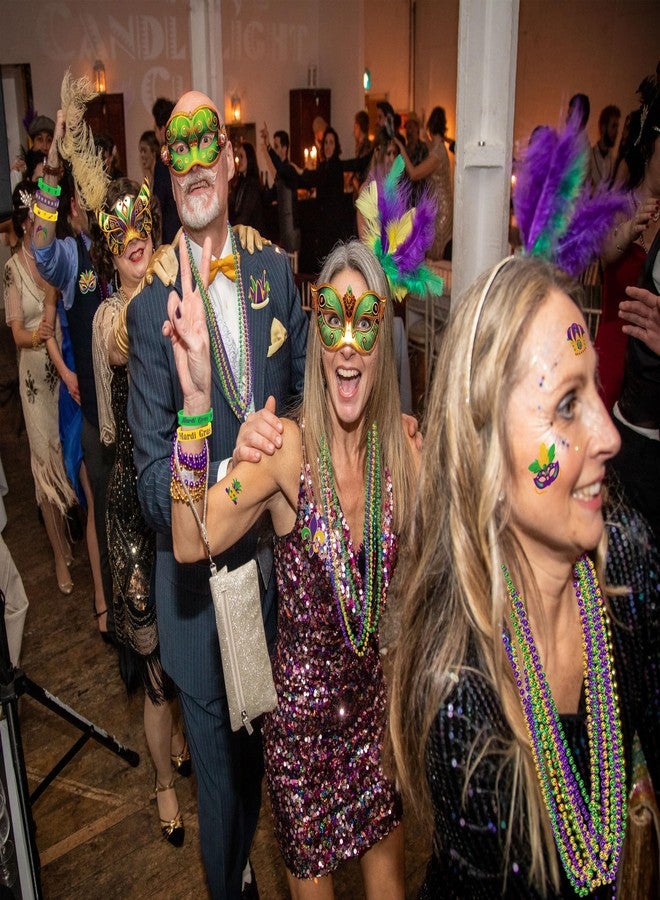 80UncleKimby 202PCS Mardi Gras Decorations Party Accessories Bulk: Paper Masks, Beads, Wristbands, Tattoos Pins, Parade Throws Set Carnival Decor Favors Supplies - Image 3
