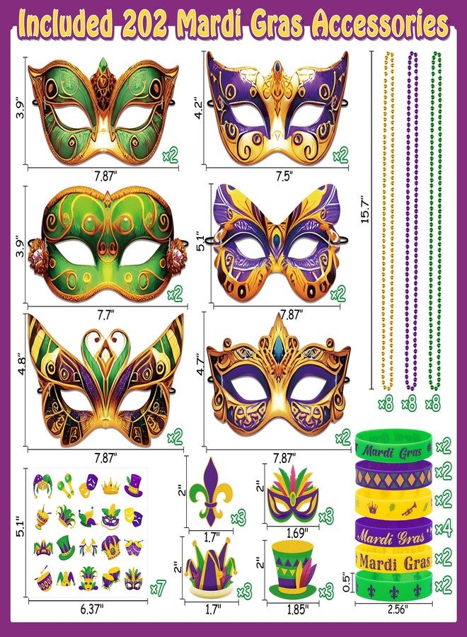 80UncleKimby 202PCS Mardi Gras Decorations Party Accessories Bulk: Paper Masks, Beads, Wristbands, Tattoos Pins, Parade Throws Set Carnival Decor Favors Supplies - Image 4