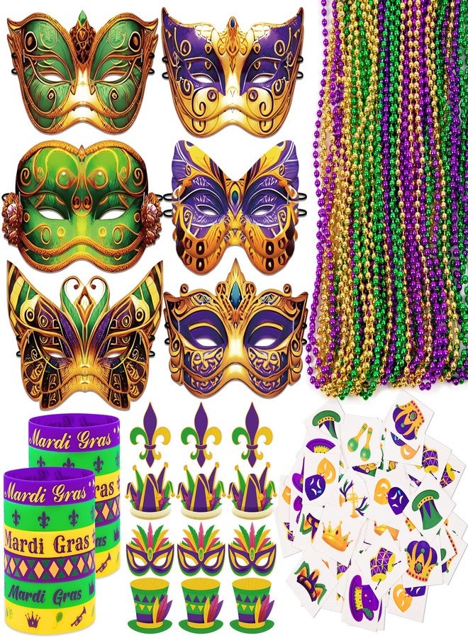 80UncleKimby 202PCS Mardi Gras Decorations Party Accessories Bulk: Paper Masks, Beads, Wristbands, Tattoos Pins, Parade Throws Set Carnival Decor Favors Supplies - Image 1