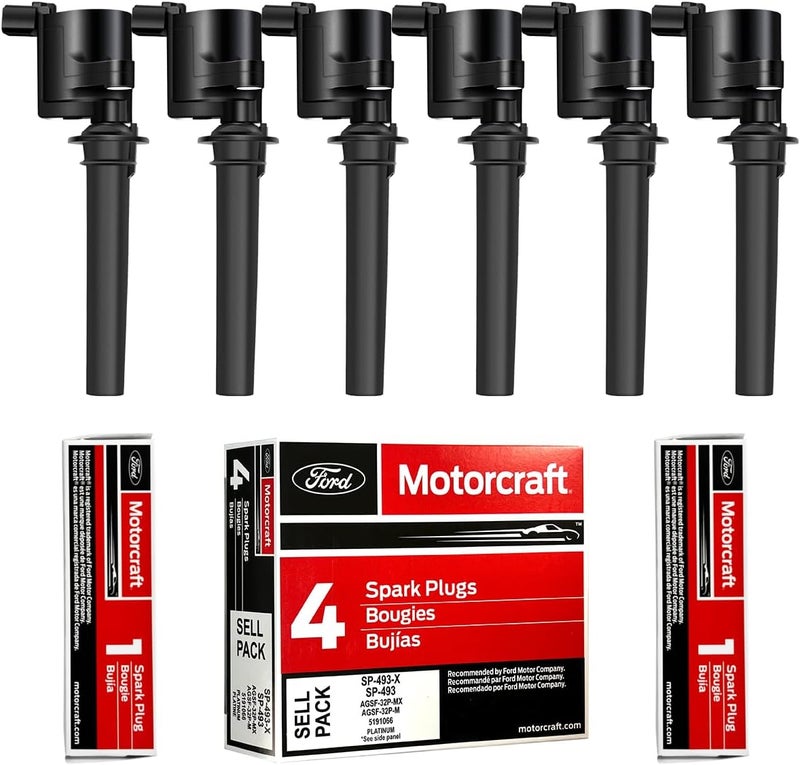 MAS Motorcraft Set of 6 Spark Plugs SP493 AGSF32PM Platinum & Ignition Coils Pack for Ford Vehicles - Image 1