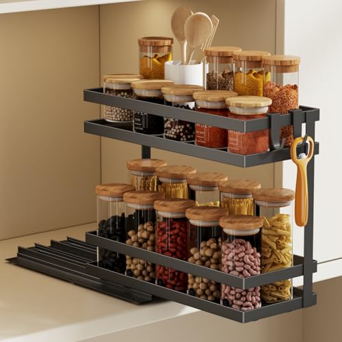 Magheo Pull Out Spice Rack Organizer for Cabinet, 1 Pack Metal Seasoning Organizer Slide Out Spice Storage Shelf No Assembly Vertical Spice Rack Pullout for Kitchen & Bahthroom No Drill(2 Tier,Black) - Image 1