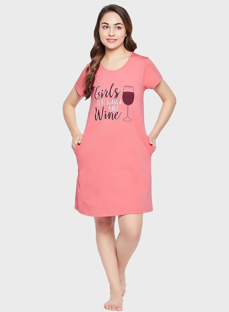 Clovia Printed Crew Neck Nightdress