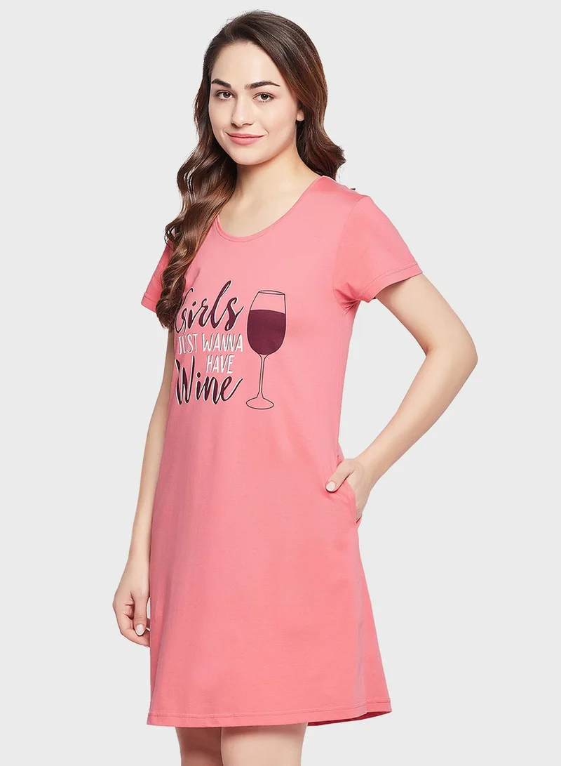 Clovia Printed Crew Neck Nightdress