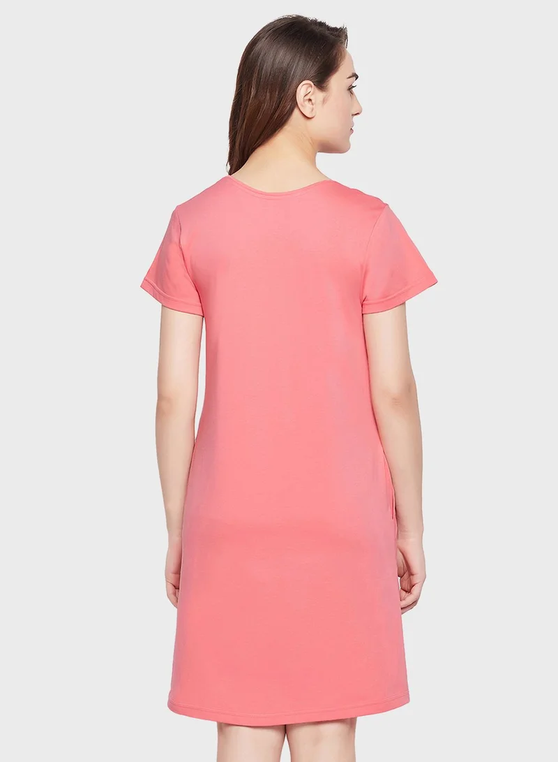 Clovia Printed Crew Neck Nightdress