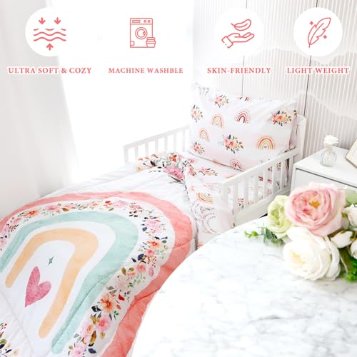 Pea Pod Toddler Bedding Sets for Girls, Rainbow Toddler Crib Bedding Set 4 Piece Pink Floral Toddler Comforter Set Includes Flat Top Sheet, Fitted Sheet, Comforter, Envelope Pillowcase, Soft & Comfort - Image 5